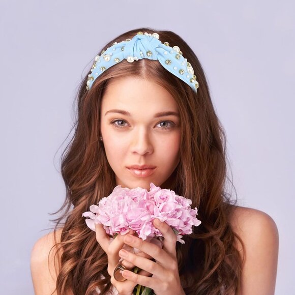 Blue Headband Pearl Knotted Headband Sparkly Rhinestone Pearls Top Knotted Headb - Picture 6 of 7
